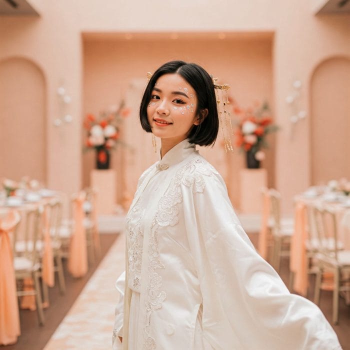 漢服を着て現代風の花钿メイクでウェディングフォトを撮る女性