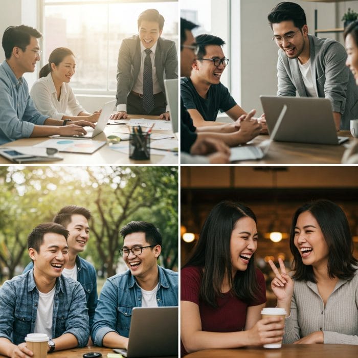 オフィスで協力する同僚、屋外で笑う男性グループ、親密な女性二人