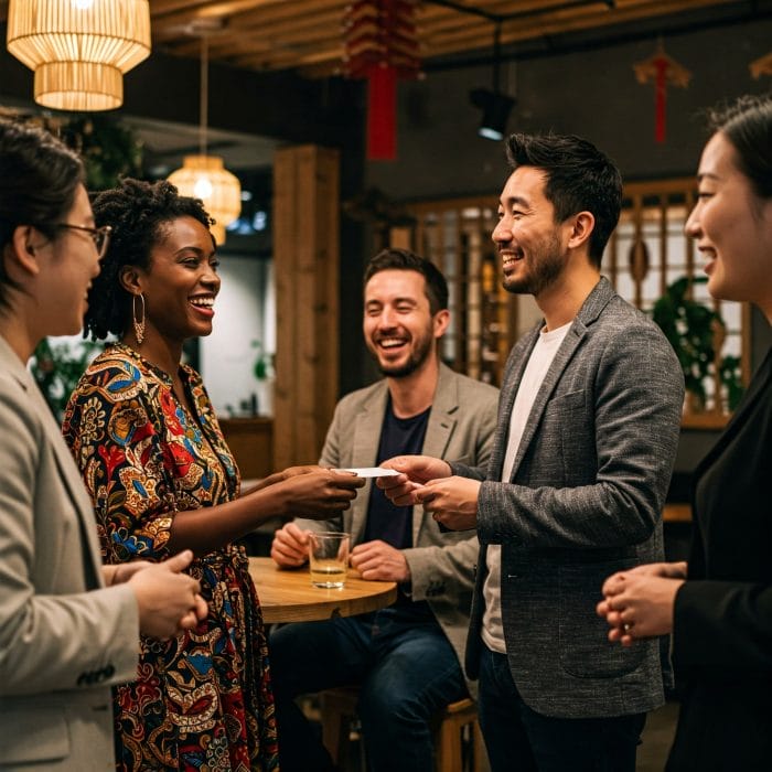 中国のオフィスやカフェで人々が親しげに会話するシーン