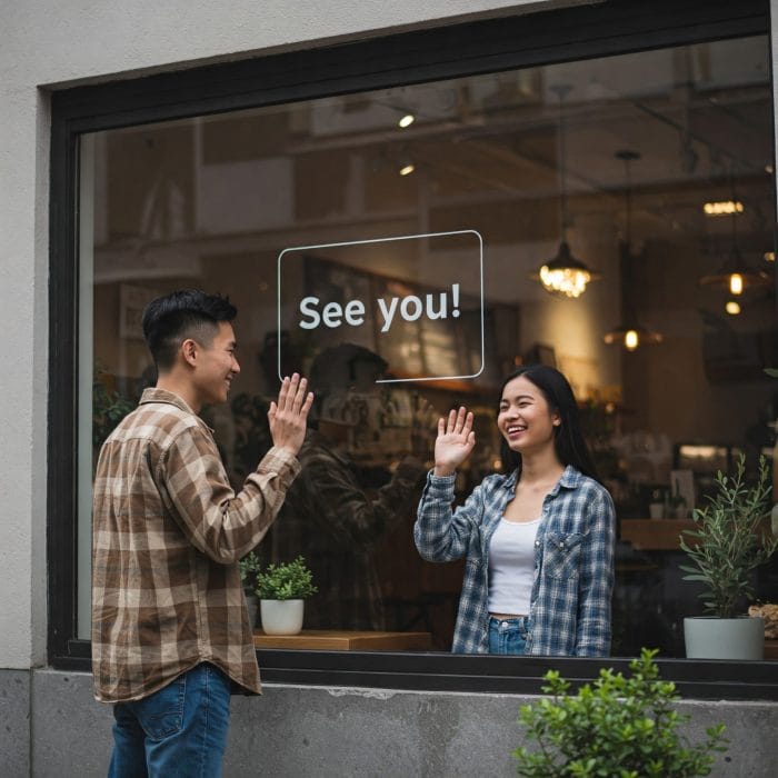 カフェの前で友人同士が笑顔で手を振り合う