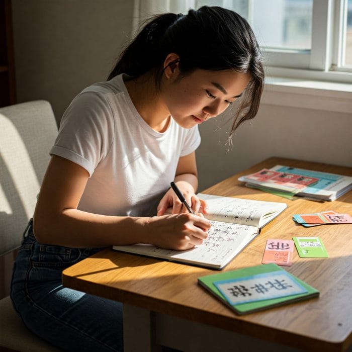 中国語学習者がノートに自己紹介文を書いている、または会話練習している