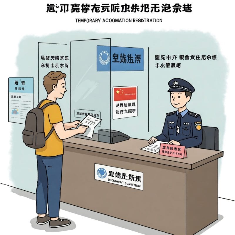 公安局派出所での臨時宿泊登記のイラスト