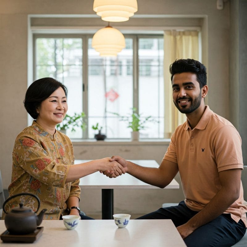 カフェでお茶を飲みながら談笑する二人