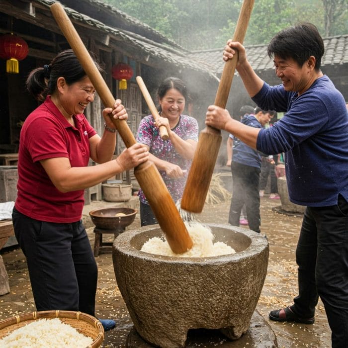 石臼と杵で餅をつく伝統的な様子のイラスト