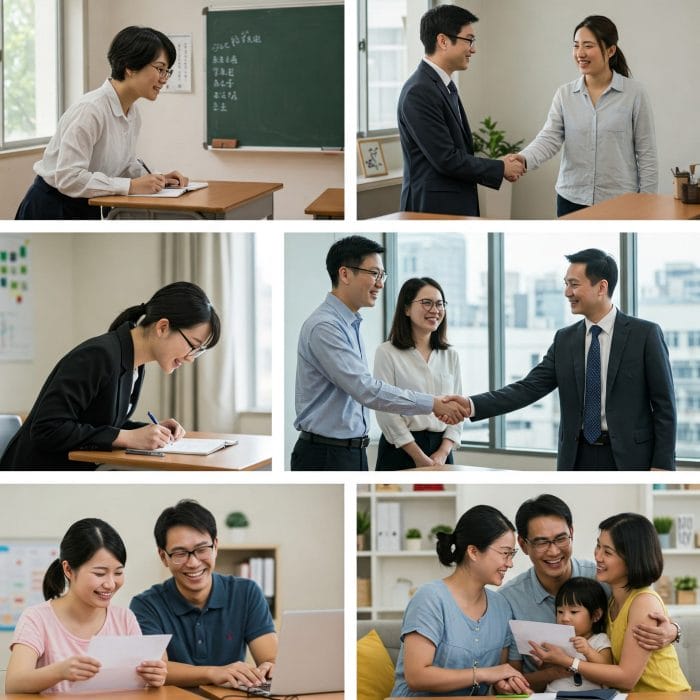 先生と生徒、同僚、家族など様々な人間関係を示すコラージュ