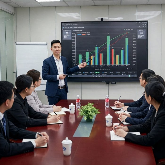 ビジネス会議でグラフを指し数字を説明するイラスト