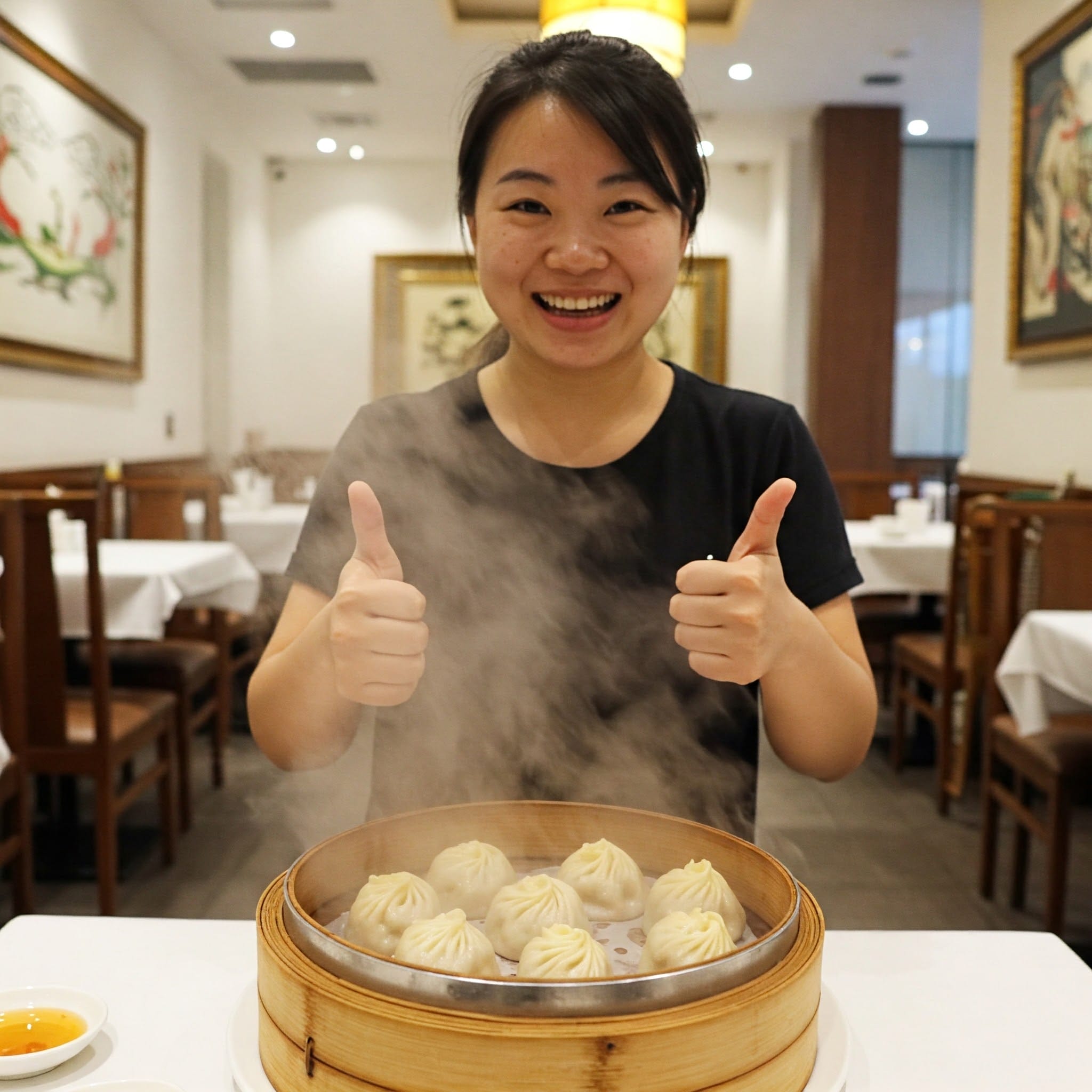 レストランで、湯気がたつ餃子のかごの後ろで、笑顔の人が両手の親指を立てている。.