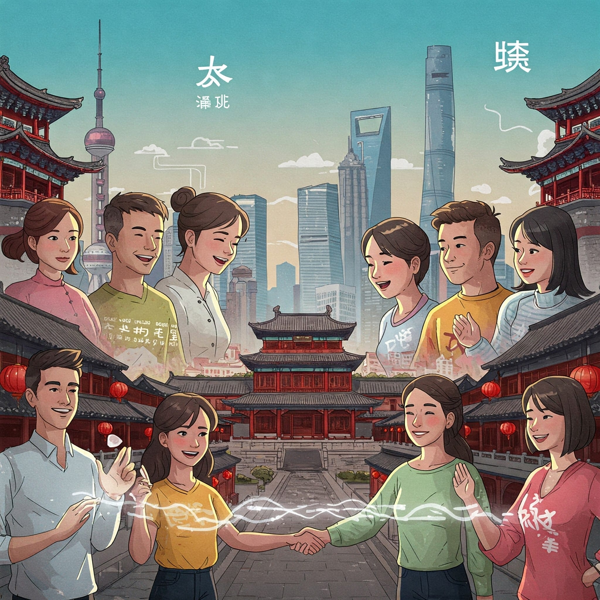 伝統的な中国の中庭で握手する笑顔の人々のイラストレーション。背景には上海の高層ビル群、上には漢字が描かれています。.