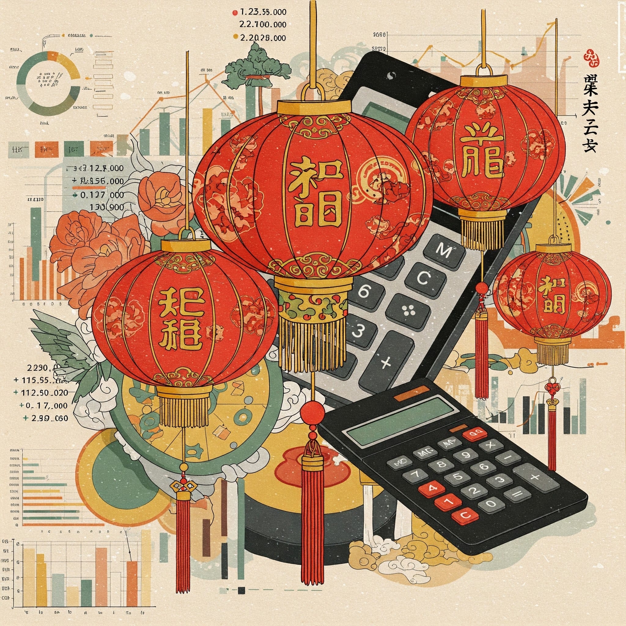 大きな電卓の上には金色の文字が書かれた赤い提灯が吊るされており、背景には図表やグラフ、花柄が描かれ、金融と文化の要素が融合しています。.