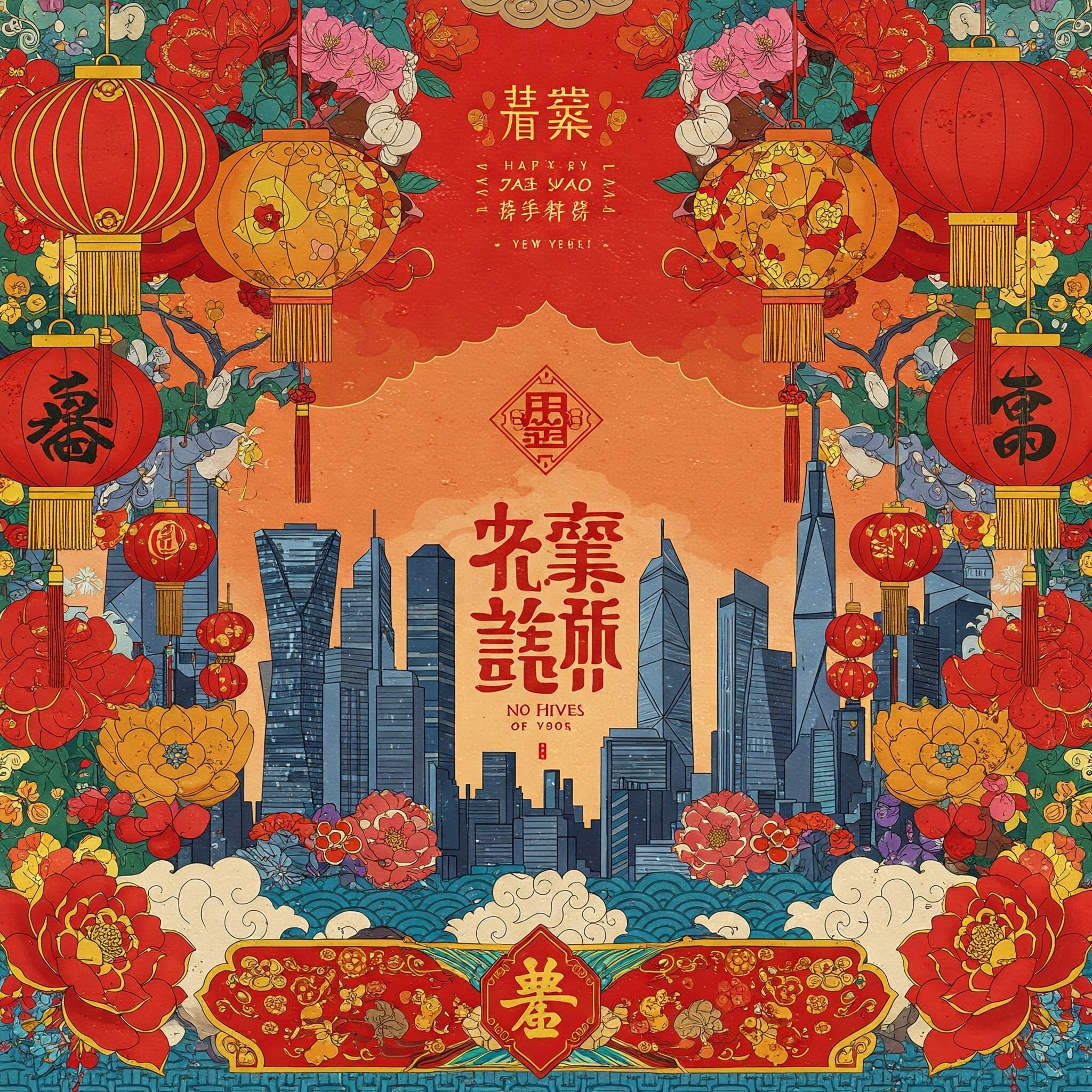 赤い提灯、花、伝統的な中国の模様が現代の都市のスカイラインを縁取るカラフルなイラスト。中央には中国語と英語の新年の挨拶と「No Hives of You」が書かれています。.