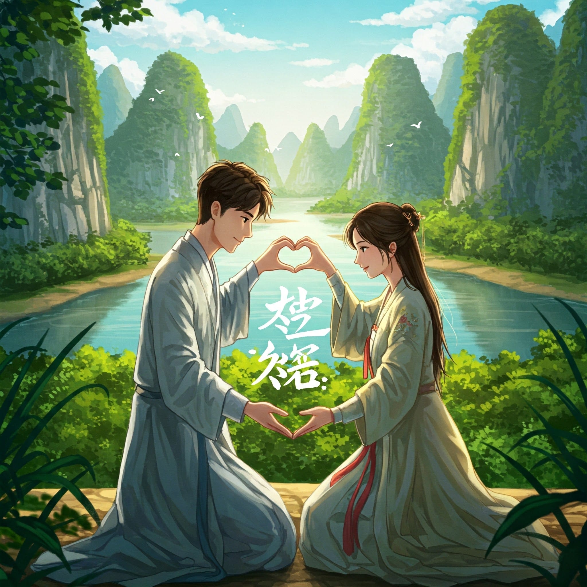 山々と緑に囲まれた川辺で、伝統衣装をまとった男女がひざまずき、両手でハートの形を作っている。二人の間には漢字が書かれている。.