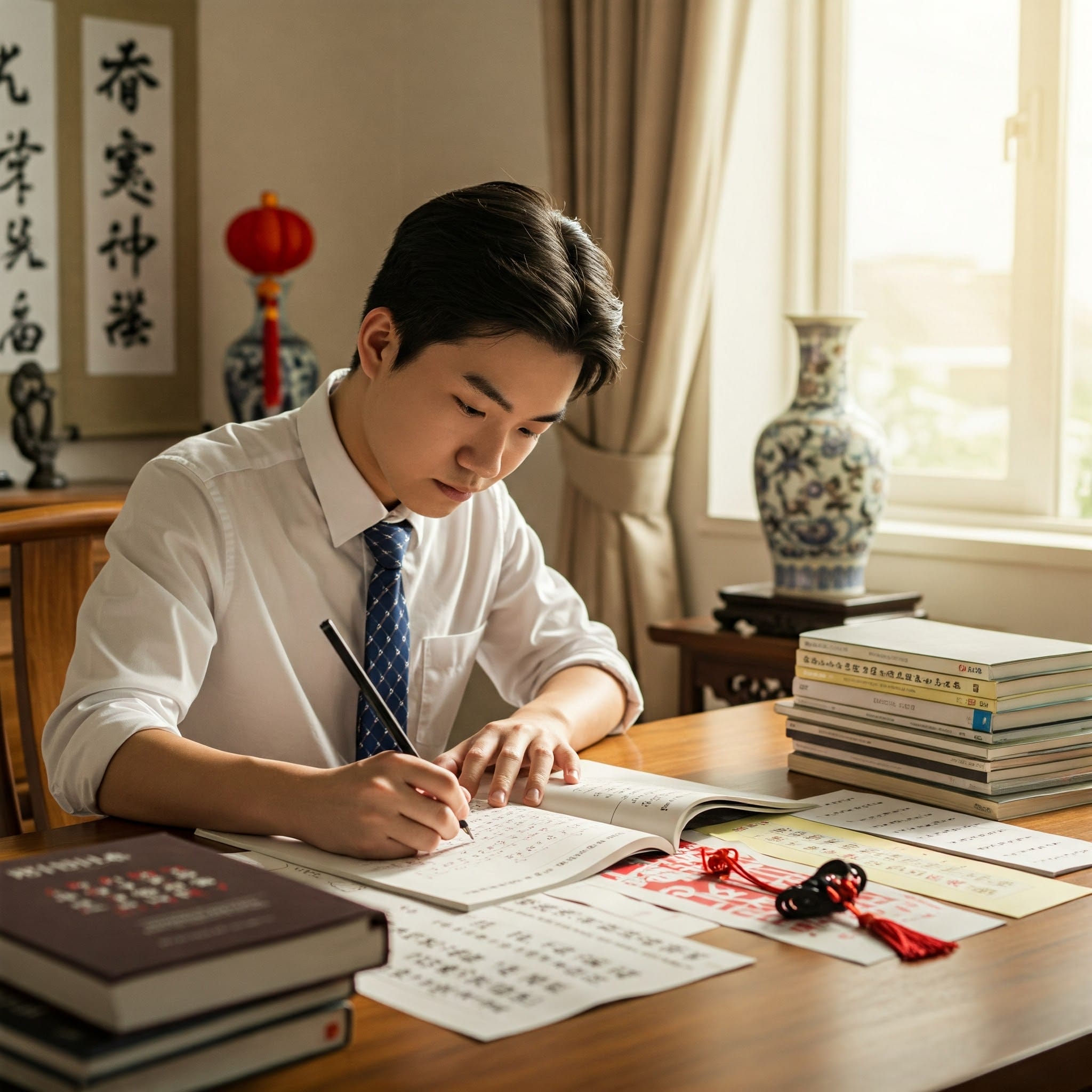 ドレスシャツとネクタイを着用した若い男性が、明るい部屋の中で、本、書類、中国の書道用品が置かれた机に向かってノートに書き込みをしている。.