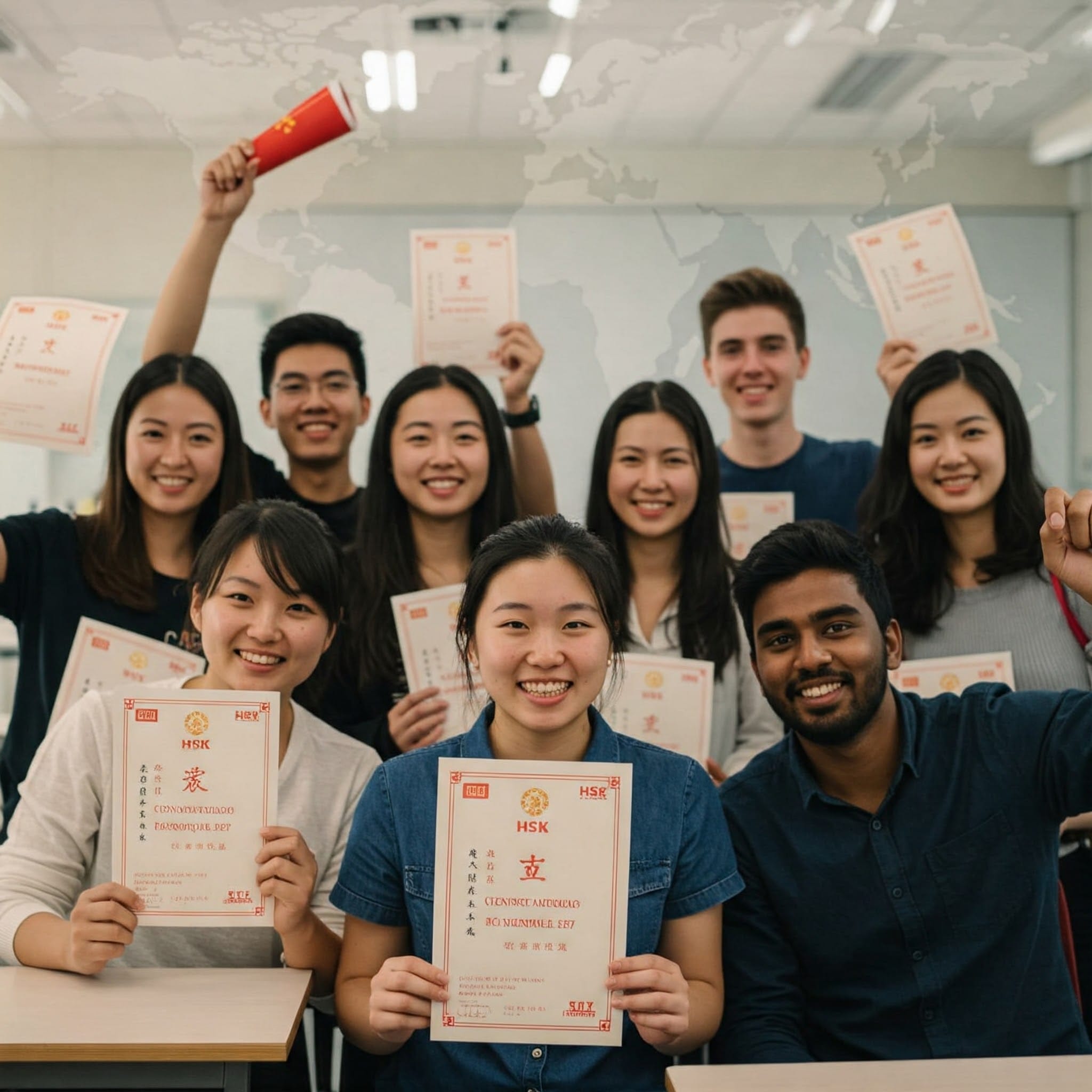 教室にいる若者のグループが笑顔でHSK中国語能力試験の合格証書を手に持ち、中には祝福の気持ちで合格証書を掲げている者もいる。.