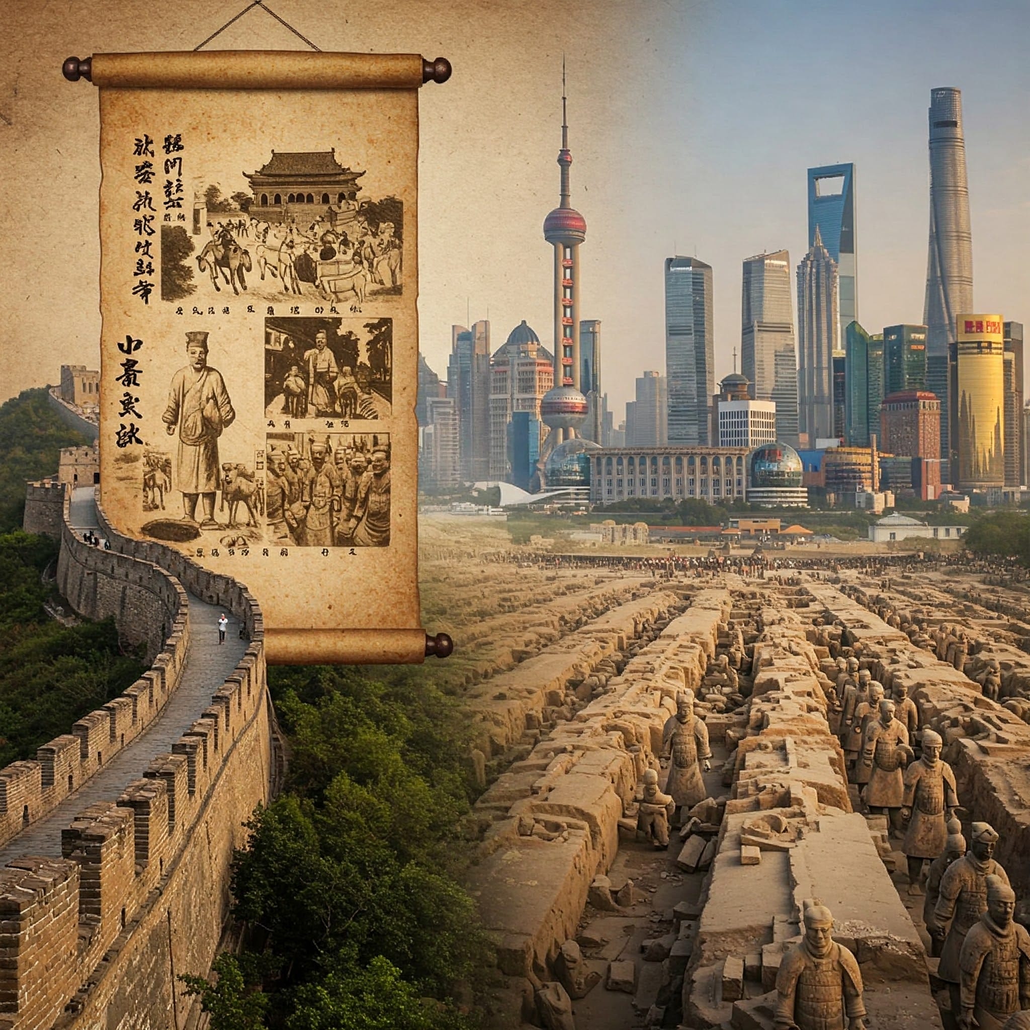万里の長城、上海のスカイライン、兵馬俑、漢字と歴史画を描いた掛け軸のコラージュで、古代中国と現代中国が融合しています。.