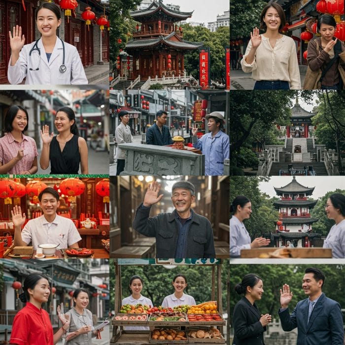様々な場面で中国語で挨拶を交わす人々