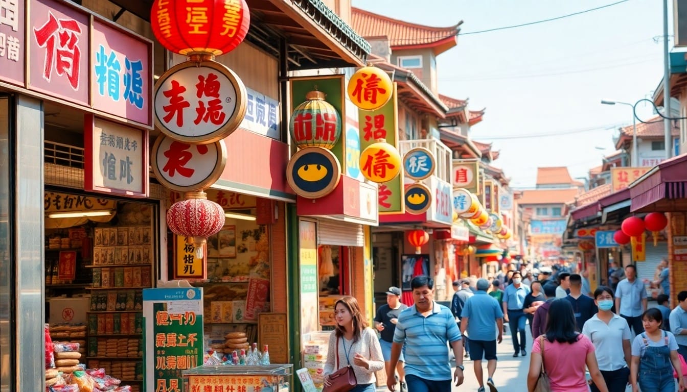 カラフルな中国語の看板を掲げた店の間を人々が歩いている、チャイナタウン地区の賑やかな通りの風景。.