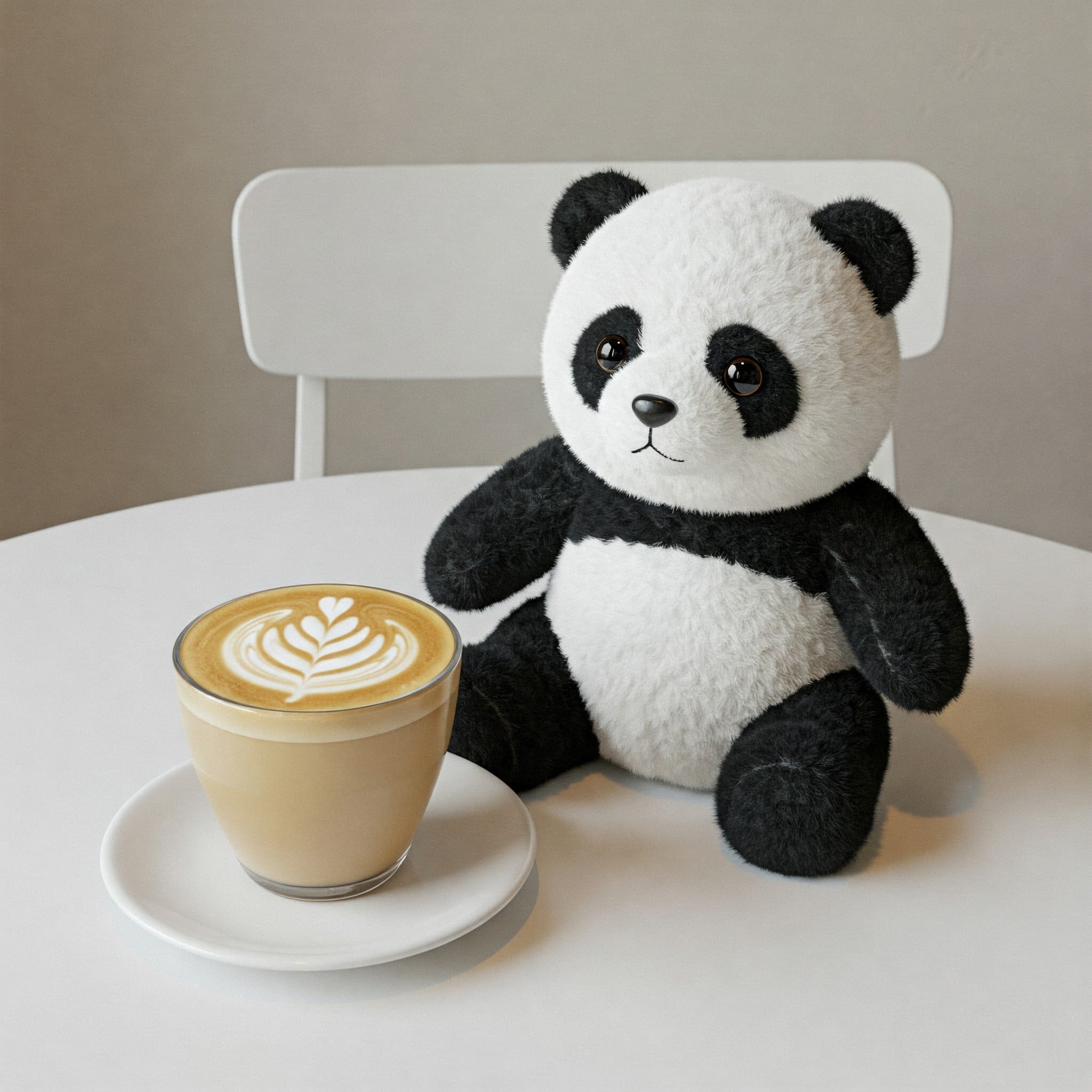 丸い白いテーブルの横の白い椅子にパンダのぬいぐるみが座っており、ソーサーの上にはラテアートが描かれたカプチーノのガラスカップが置かれている。.