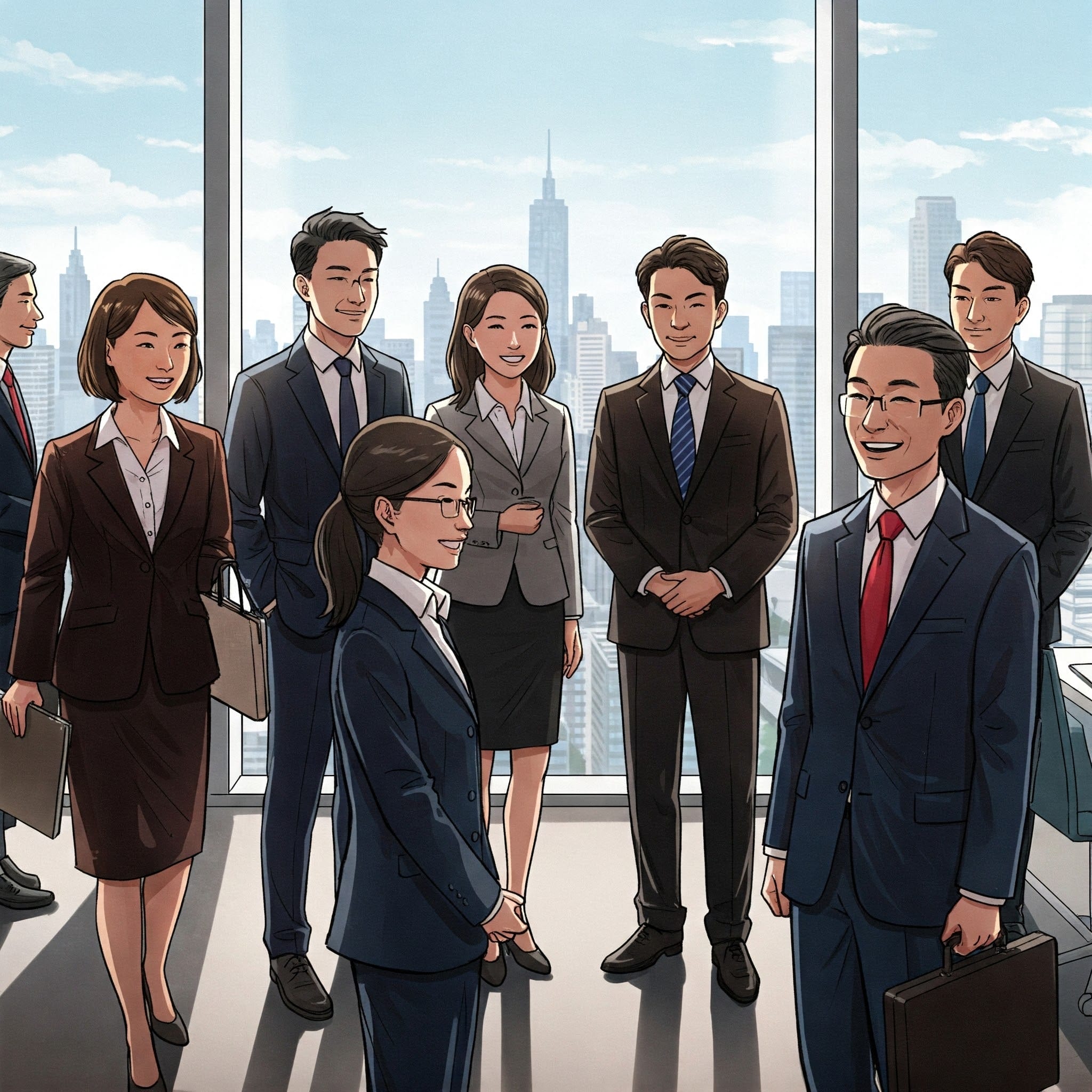 スーツを着たビジネスマンのグループが、街のスカイラインを見渡せる大きな窓のあるオフィスに立って話をしています。.