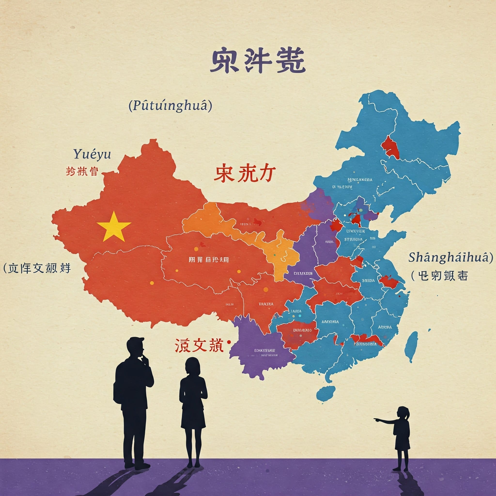 北京語（普通話）、粤語（広東語）、上海語など主要な中国語方言別に地域を示した中国地図。前景には家族のシルエットが描かれている。.