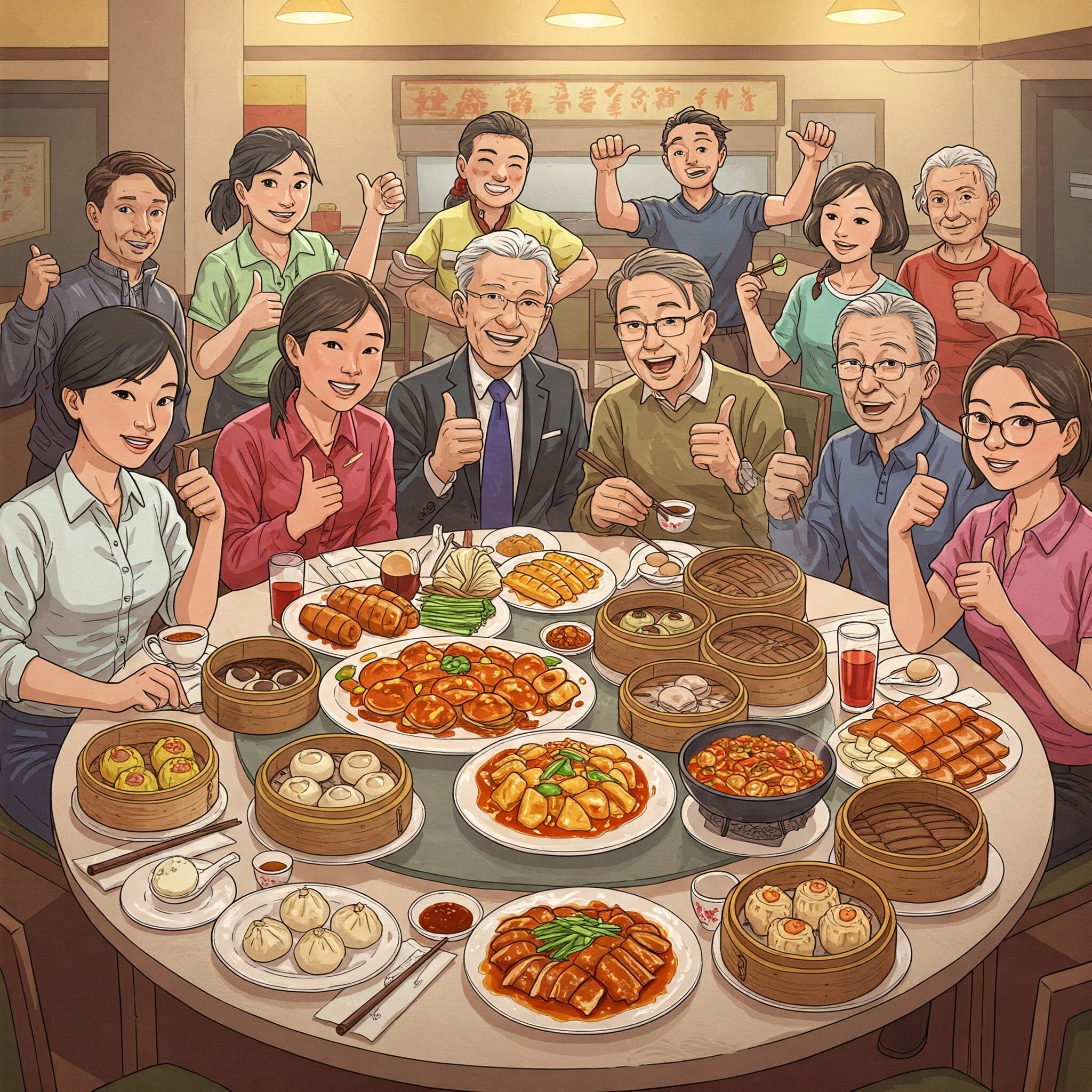 人々が大きな円卓の周りに座り、笑顔で親指を立てながら、さまざまな中華料理や点心を一緒に食べています。.