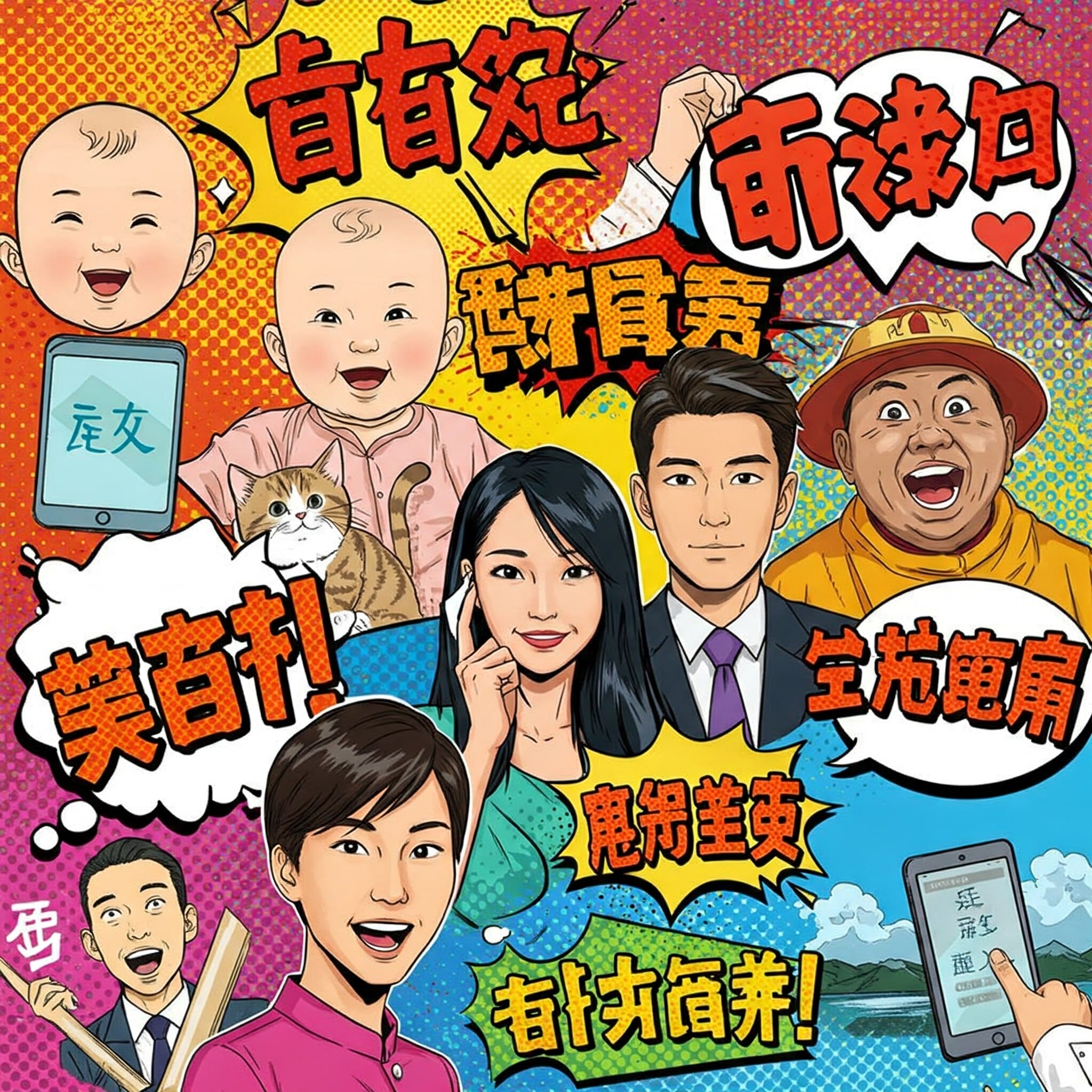 鮮やかな模様の背景に、赤ちゃん 2 人、猫 1 匹、大人 5 人、中国語の吹き出しが描かれたカラフルな漫画風のイラストです。.