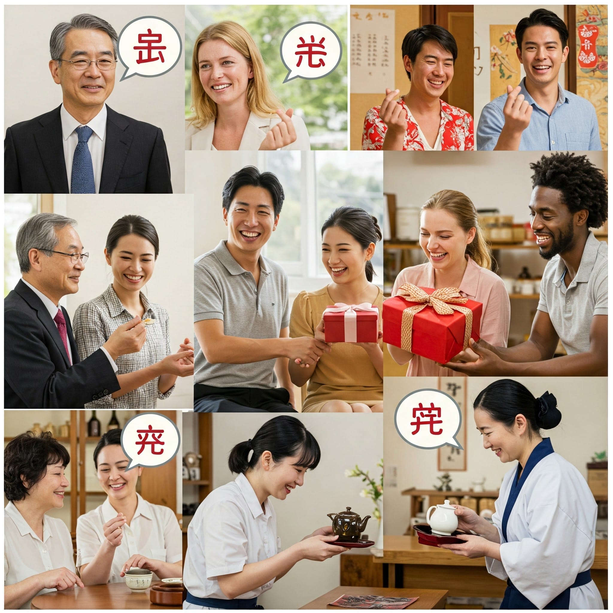 さまざまな社交的および職業的な場面で人々が交流し、微笑み、贈り物を交換し、お茶を飲んでいる様子を描いたコラージュ。各グループの上には漢字が描かれています。.