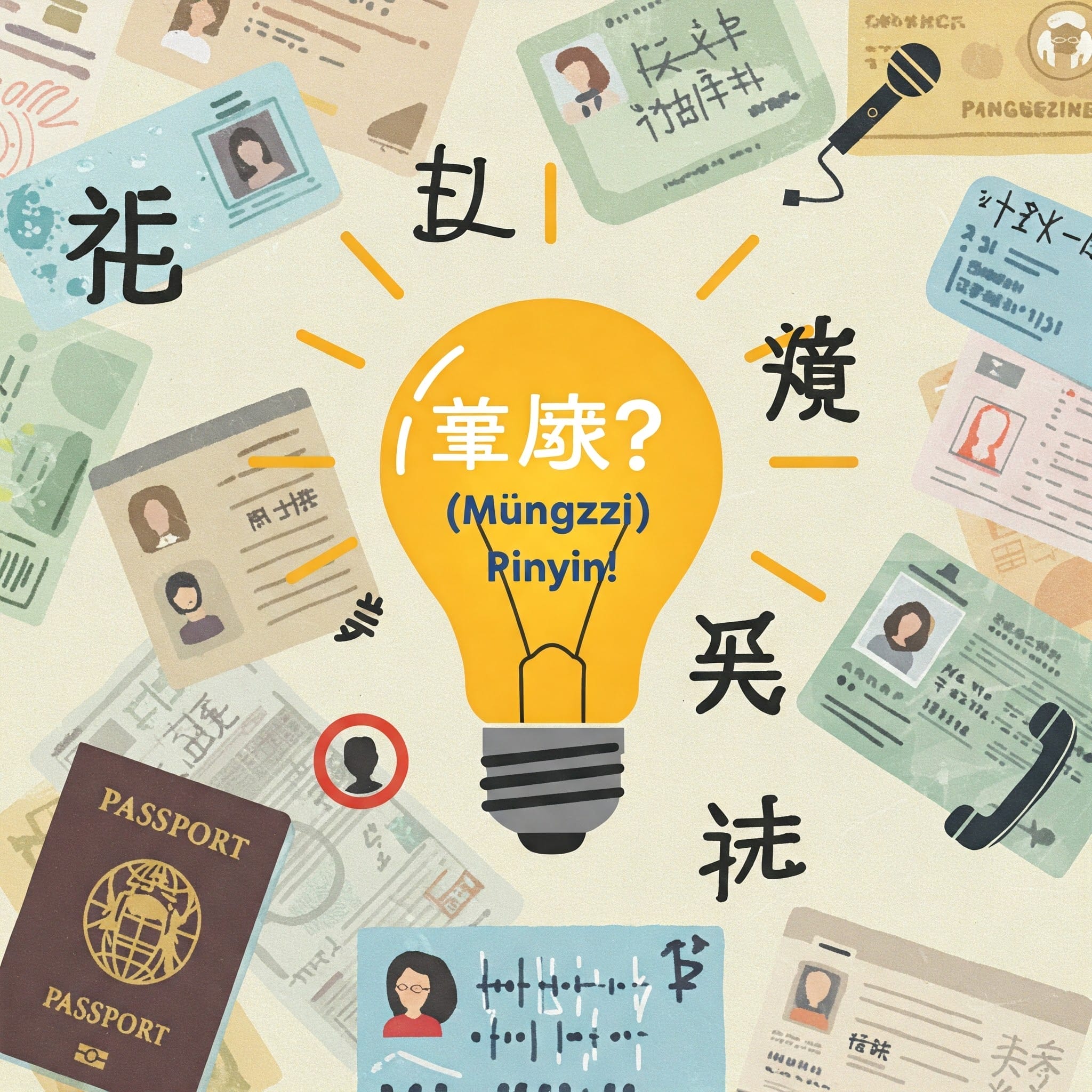 中央に中国語の文字、ピンイン、および「Mùngzzi? Rinyin!」というテキストが書かれた光る電球を囲むさまざまな ID カードとパスポートのイラスト。.