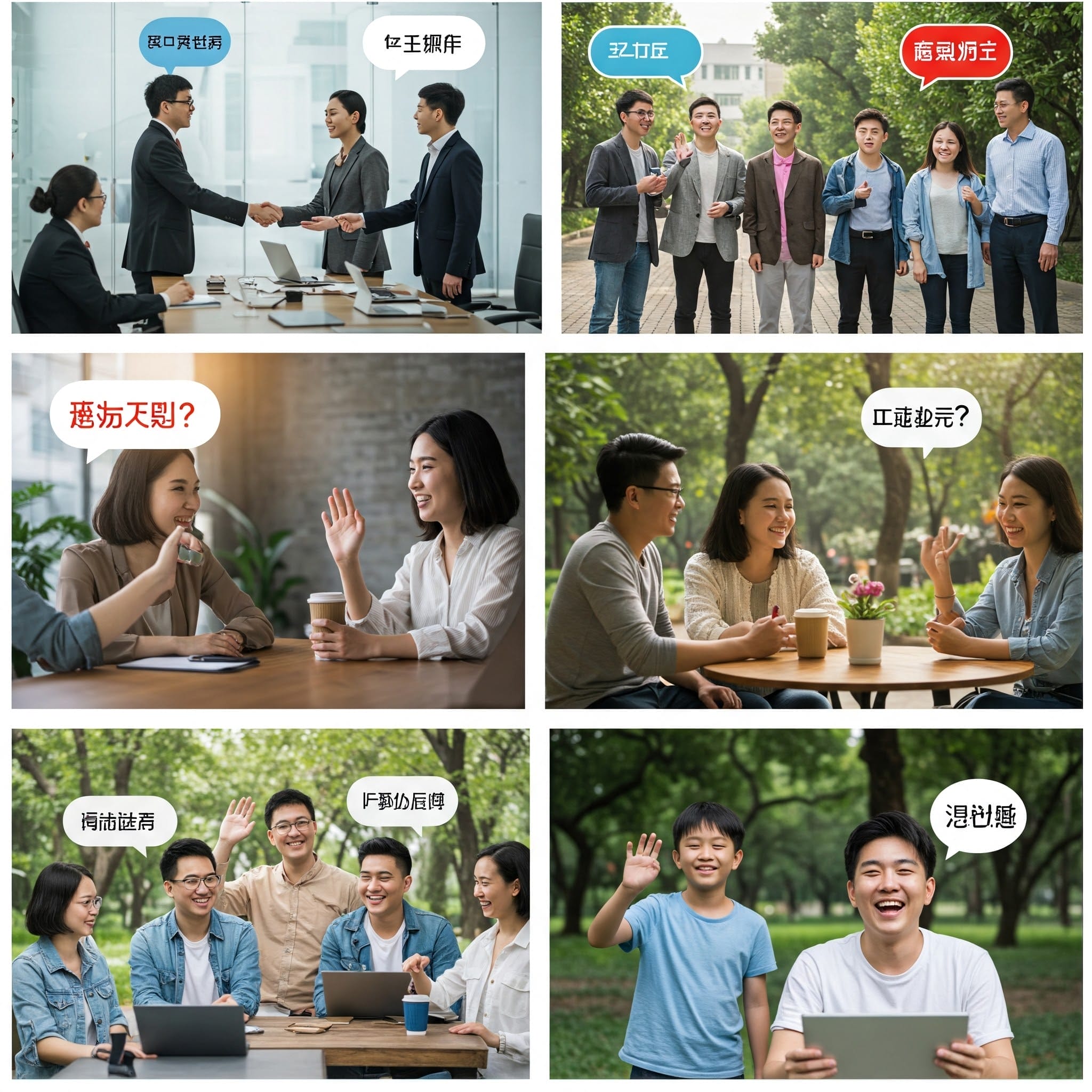 ビジネスミーティング、グループディスカッション、カジュアルな屋外の集まりに参加する人々を写した 6 枚の写真のコラージュ。各グループの上には中国語のキャプションが付いています。.