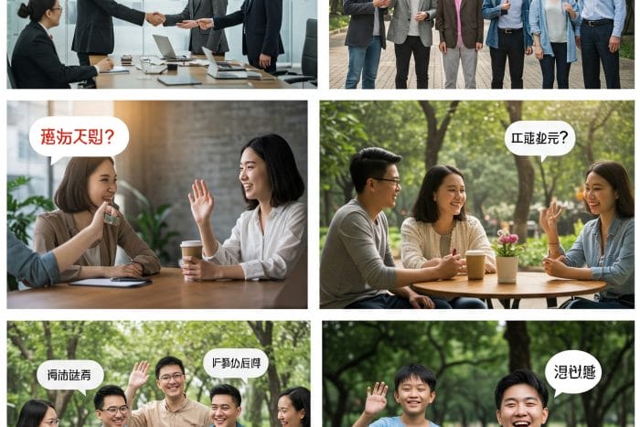 他国の国土 大学のキャンパスで、友人グループ(男女)がスマートフォンを見ながら集まり、「嗨!」「哈喽!」とカジュアルに挨拶し合っている。