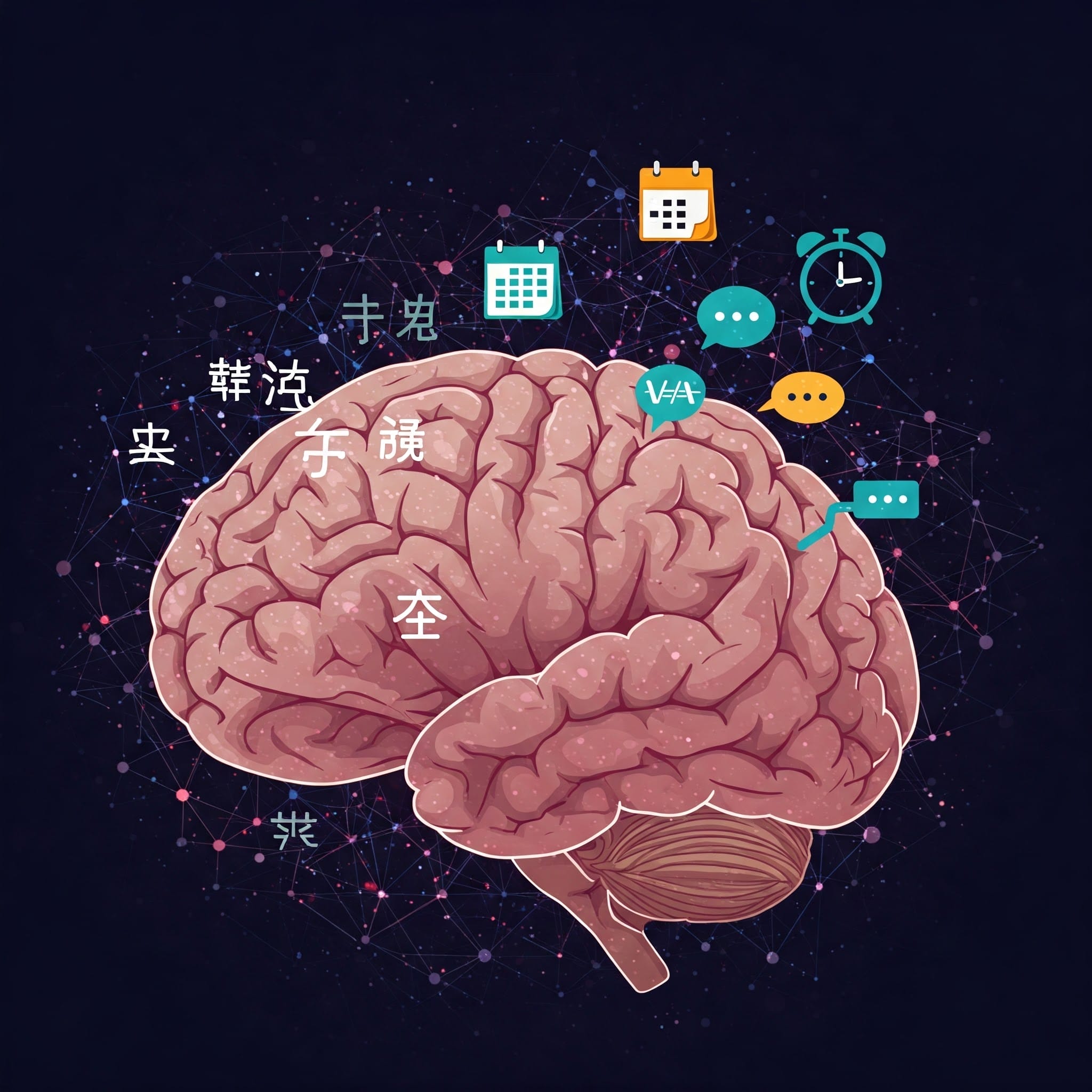 ネットワークのようなパターンのある暗い背景に、時計、カレンダー、チャットの吹き出しのアイコンと漢字が浮かんでいる人間の脳のイラスト。.