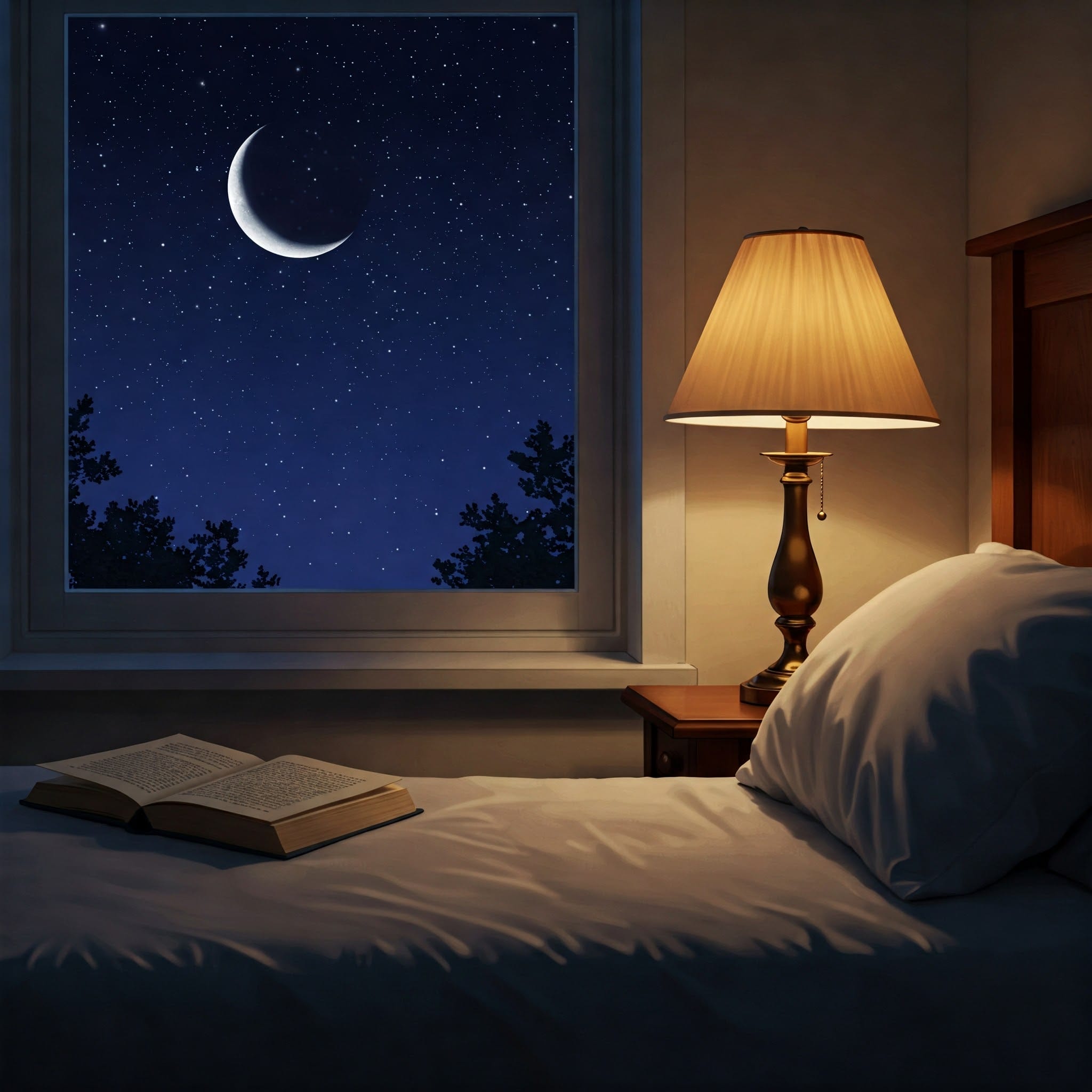 ベッドの上に開かれた本があり、ナイトスタンドにランプが灯り、窓から三日月が浮かぶ夜空が見える、居心地の良いベッドルーム。.
