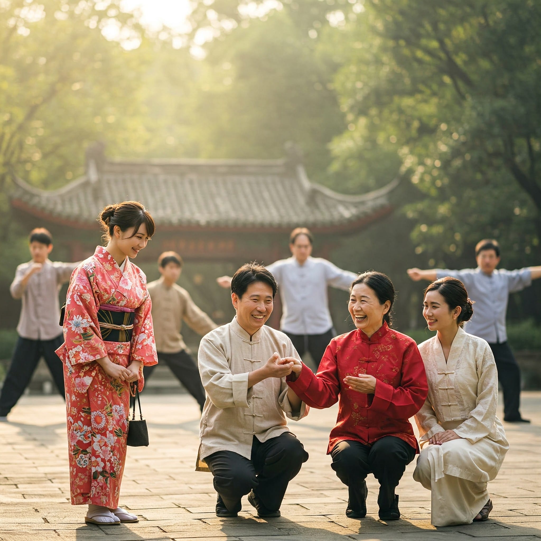 東アジアの伝統衣装をまとった人々が屋外に集まっており、2人がひざまずき、他の人が立っています。背景には仏塔と木々が見えます。.