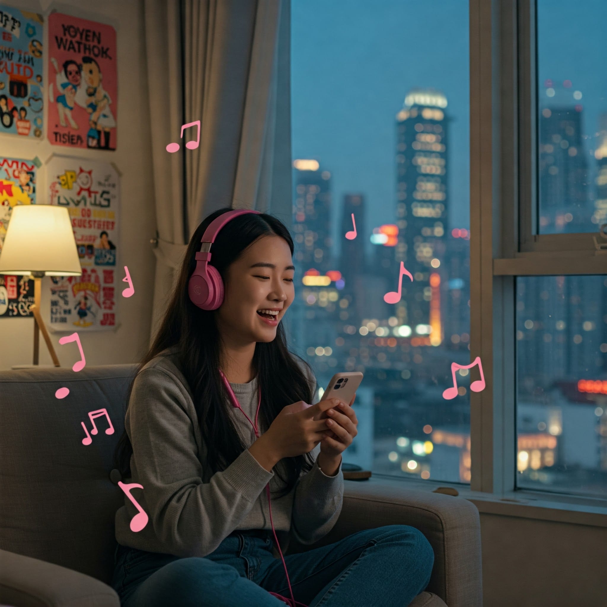 ピンクのヘッドホンをつけた若い女性がソファに座り、携帯電話に向かって微笑んでいます。彼女の周りにはイラスト付きの音符があり、夕暮れ時の窓からは街の景色が見えます。.