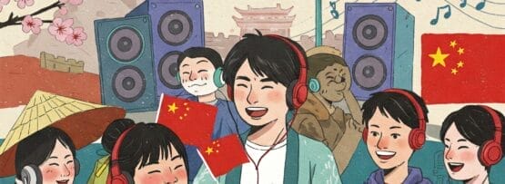 日本と中国の若者が伝統衣装を着て、一緒に歌ったり音楽を演奏したりしているイラスト。背景には日本と中国の国旗と音符があります。.