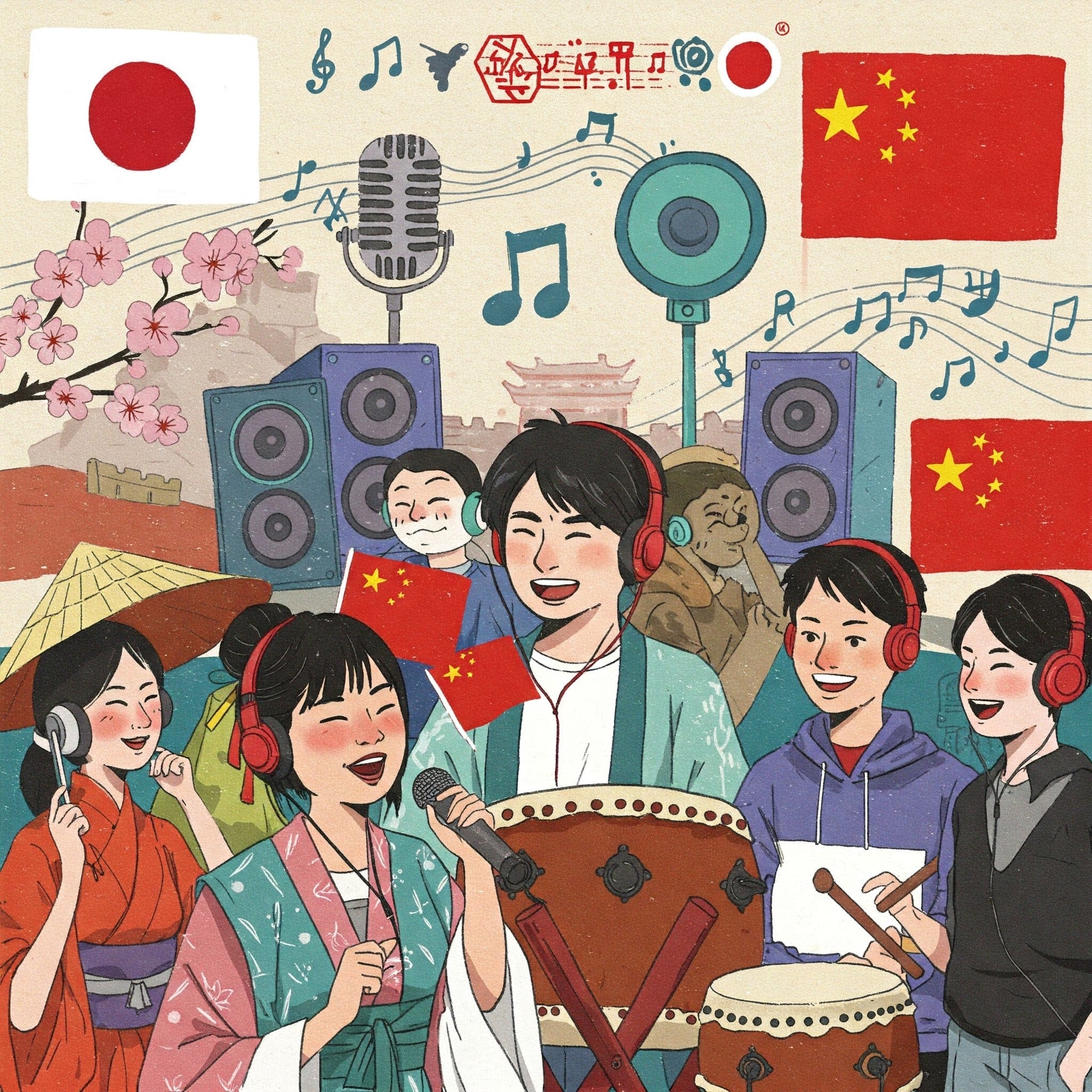 日本と中国の若者が伝統衣装を着て、一緒に歌ったり音楽を演奏したりしているイラスト。背景には日本と中国の国旗と音符があります。.