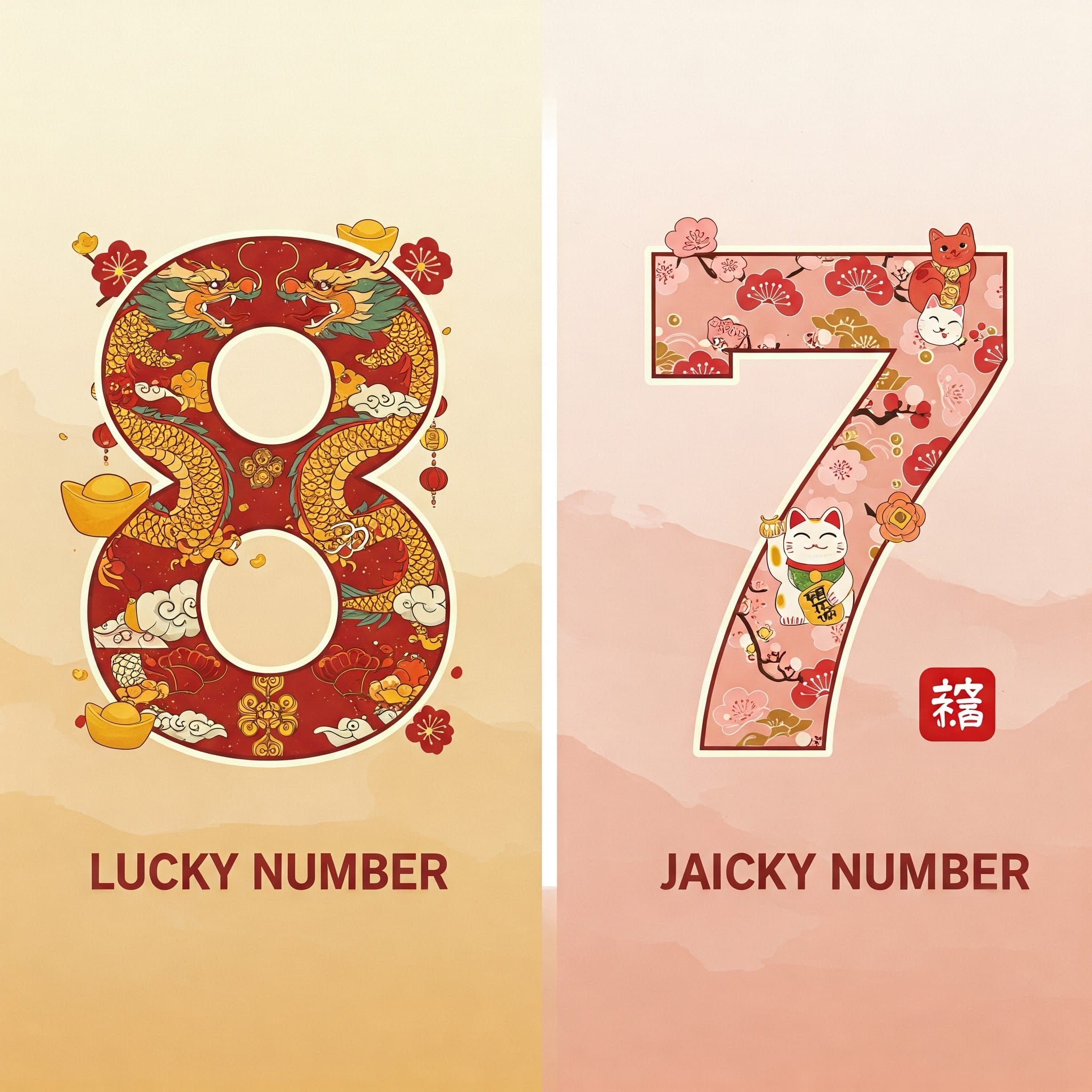「ラッキーナンバー」の8と龍と金色の要素、「ジャイキーナンバー」の7と猫と花の要素が明るい背景に並んで表示され、中国風のデザインの雰囲気が反映されています。.