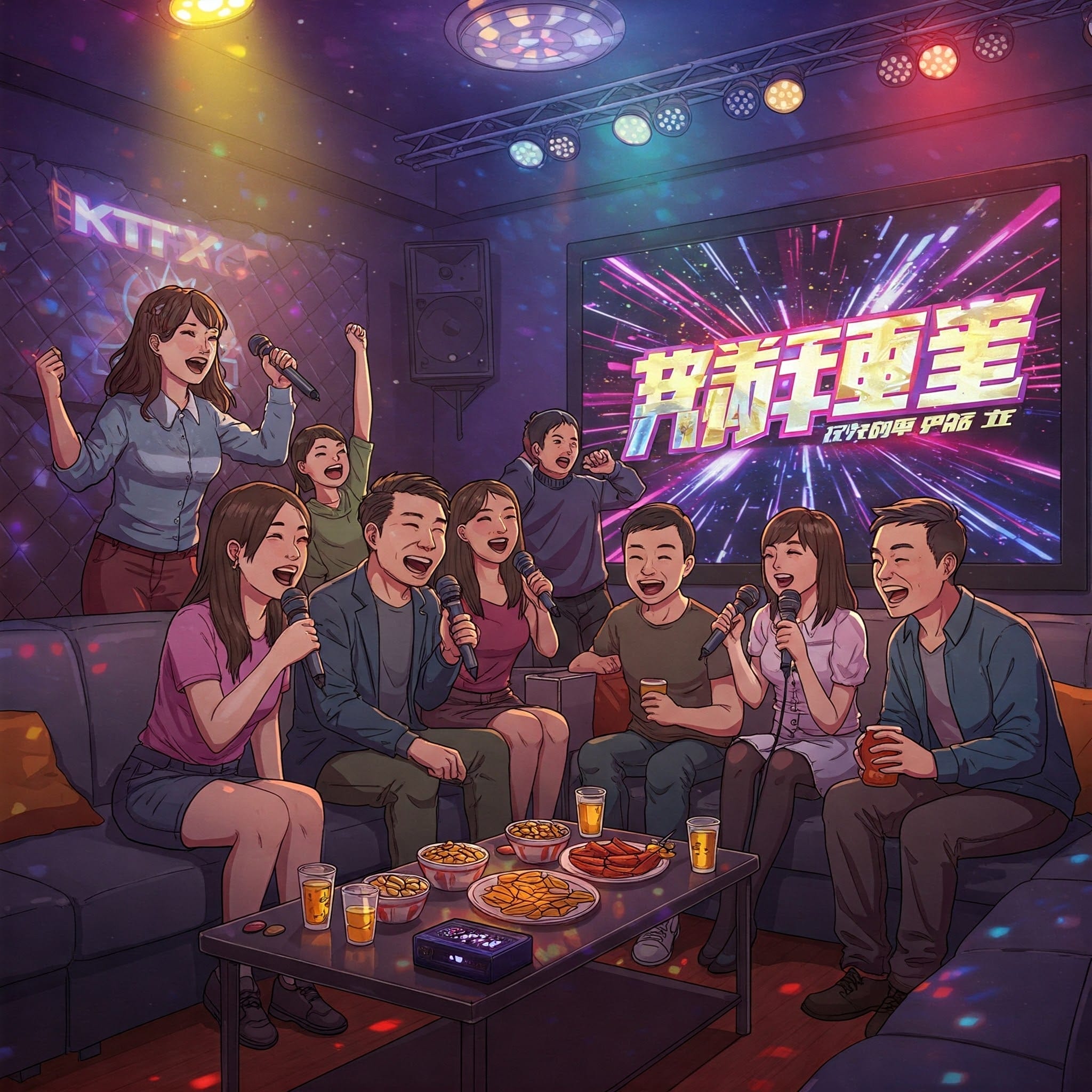 賑やかな中国をテーマにした部屋では、テーブルの上に軽食や飲み物が置かれ、グループでカラオケを歌っています。大きなスクリーンには中国語でカラフルな文字が表示されています。.
