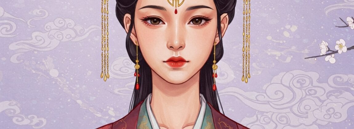華やかな髪飾りをつけた東アジアの伝統衣装をまとった女性が、雲と花の咲いた枝を背景に立っています。.