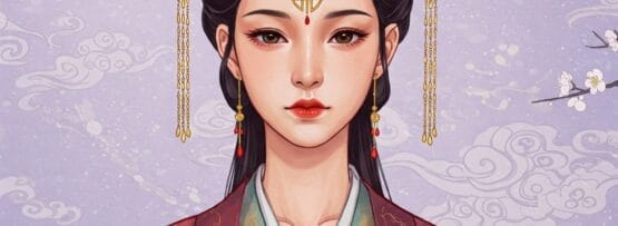 華やかな髪飾りをつけた東アジアの伝統衣装をまとった女性が、雲と花の咲いた枝を背景に立っています。.