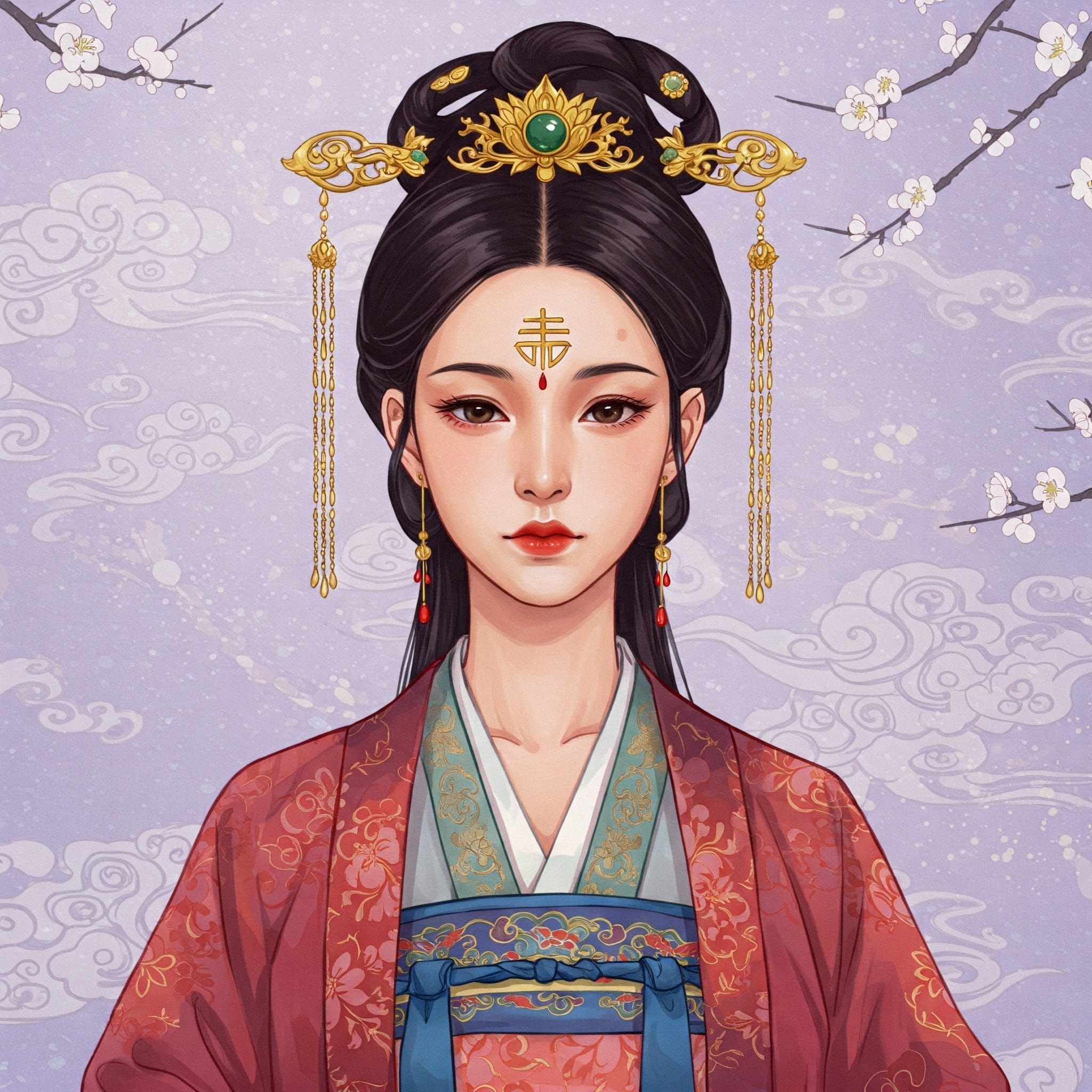 華やかな髪飾りをつけた東アジアの伝統衣装をまとった女性が、雲と花の咲いた枝を背景に立っています。.