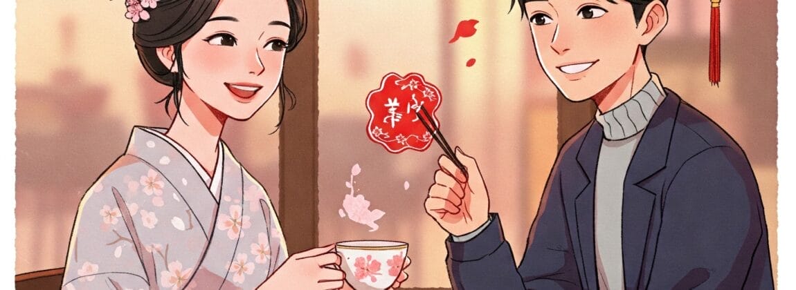 描かれた夫婦は、お茶と桜、そして赤い提灯を背景にテーブルに座り、居心地の良い雰囲気の中で会話を楽しんでいます。.