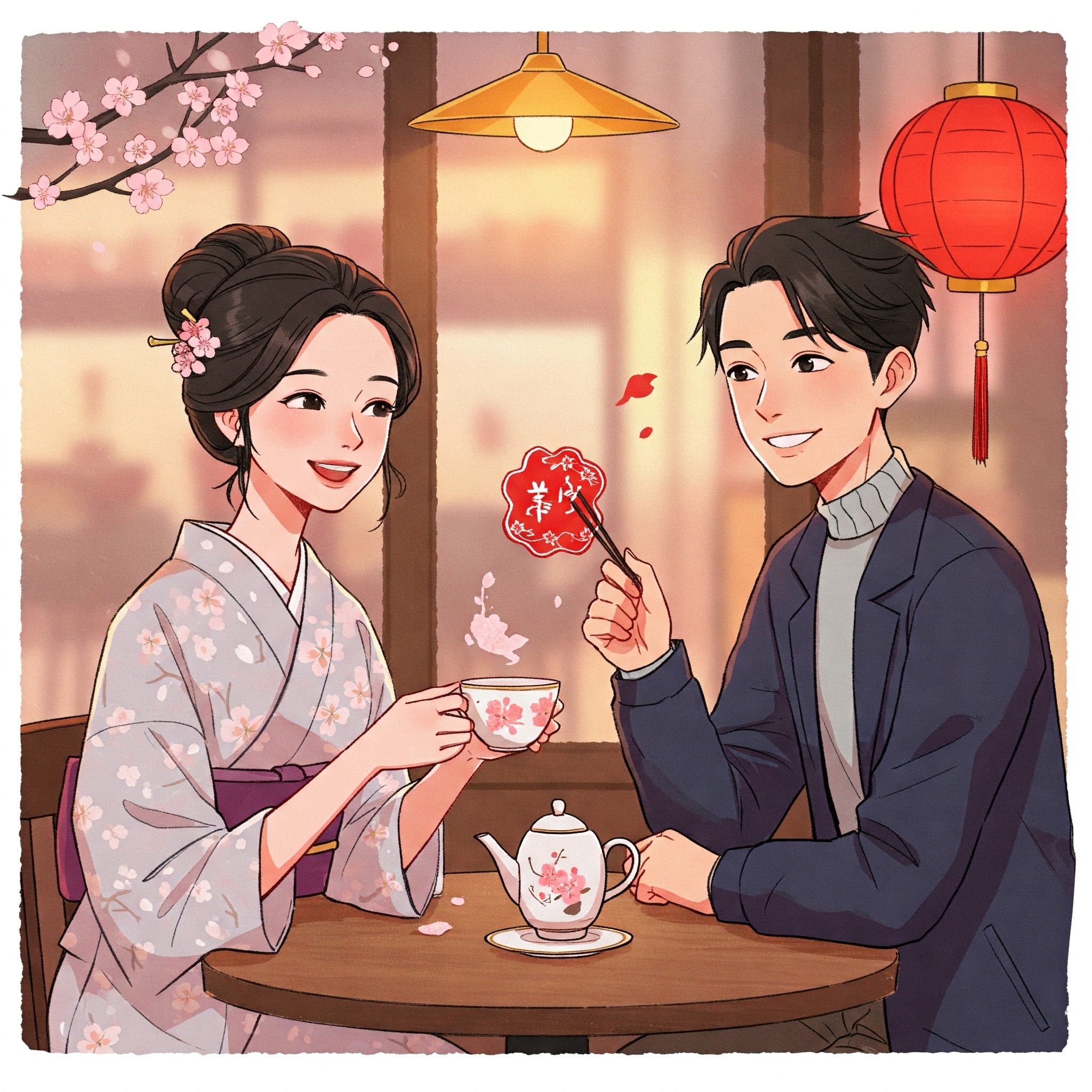 描かれた夫婦は、お茶と桜、そして赤い提灯を背景にテーブルに座り、居心地の良い雰囲気の中で会話を楽しんでいます。.