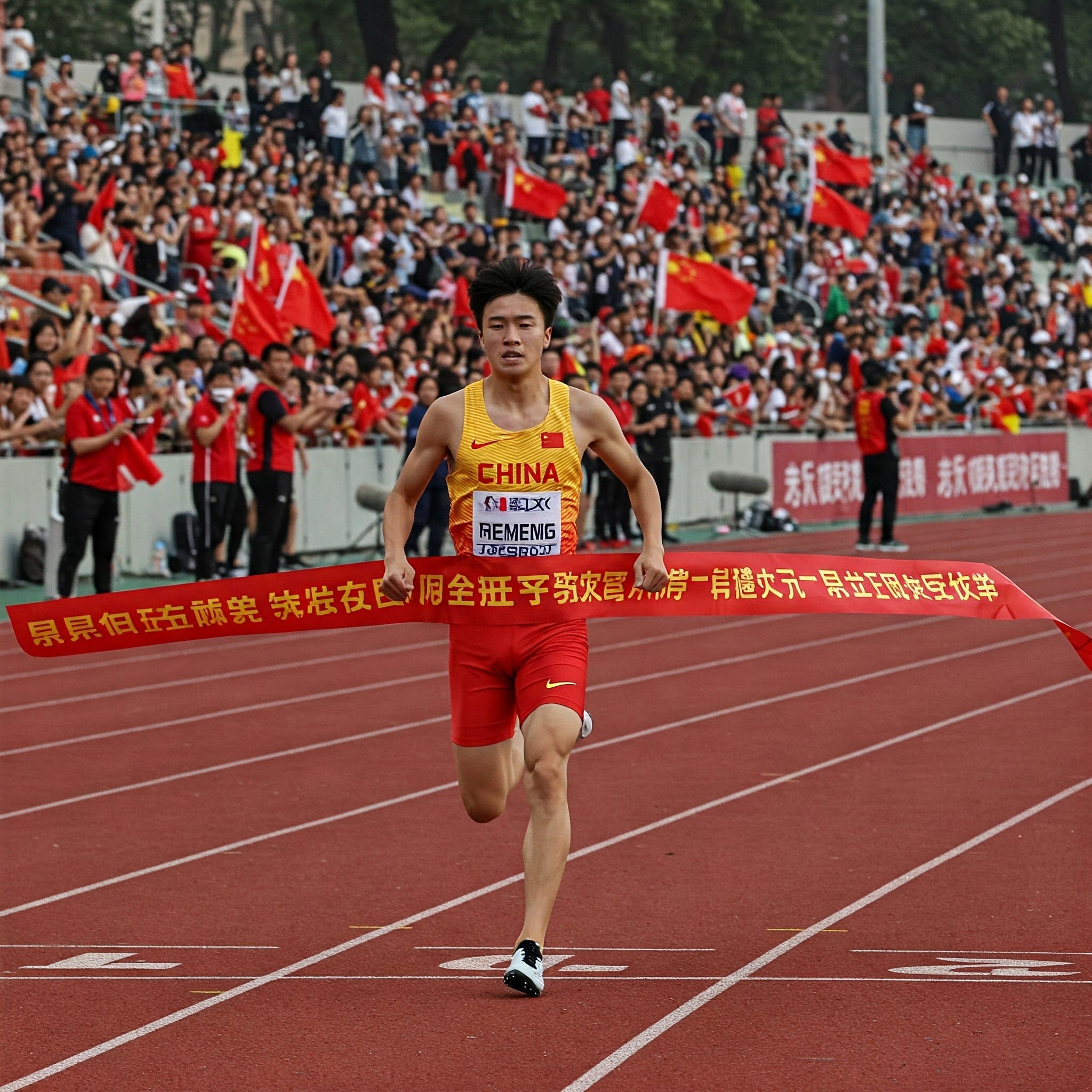 赤と黄色のユニフォームを着た選手がリボンを手に、トラックのフィニッシュラインを横切る。背景では旗を持った大勢の観客が歓声を上げている。.