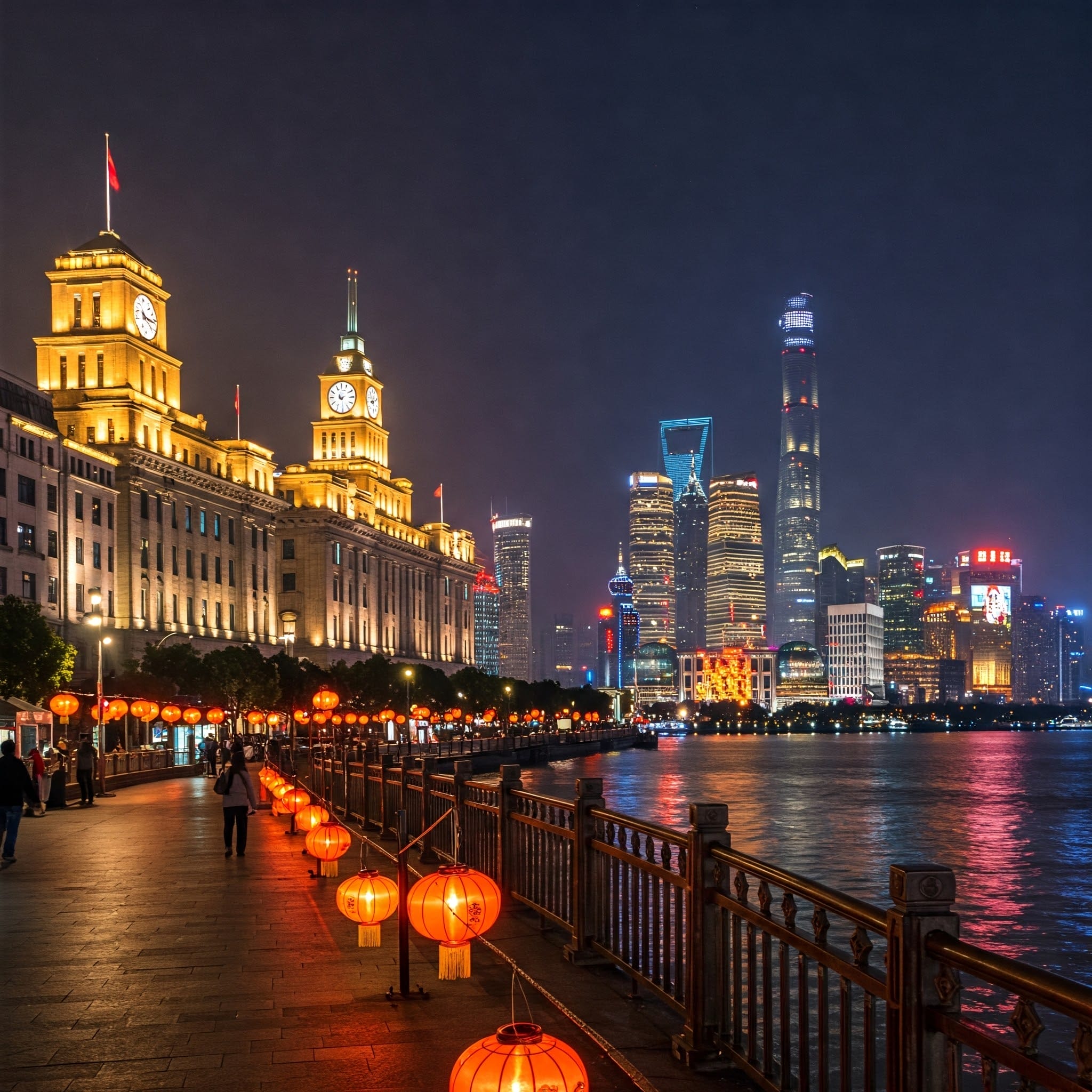 上海の高層ビル群と外灘のウォーターフロントが織りなす、ライトアップされた夜景。遊歩道には灯りのついたランタンが並び、川沿いを歩く人々。.