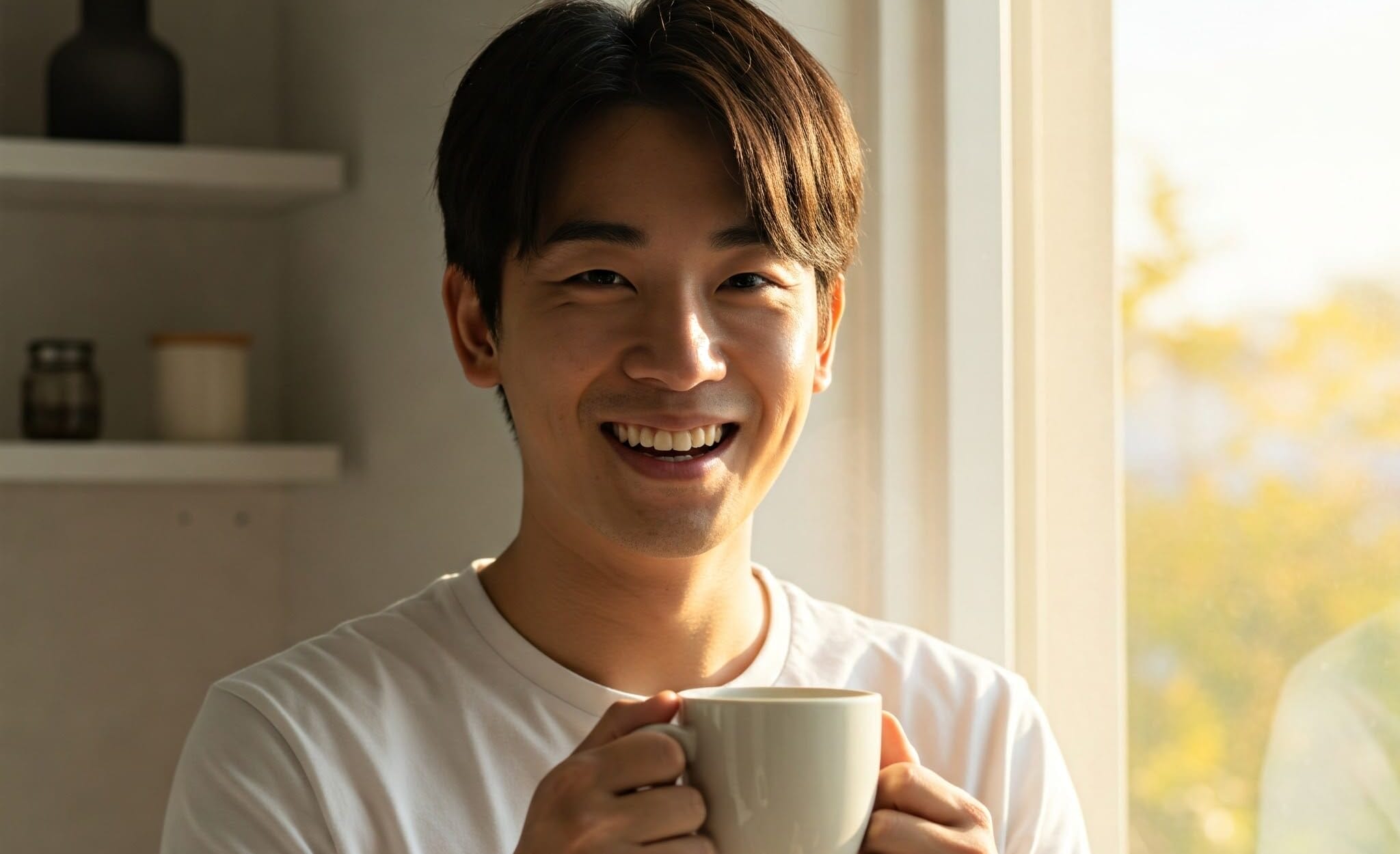 白いシャツを着てマグカップを持ち、背景に棚がある日当たりの良い窓のそばに立っている笑顔の人物。.