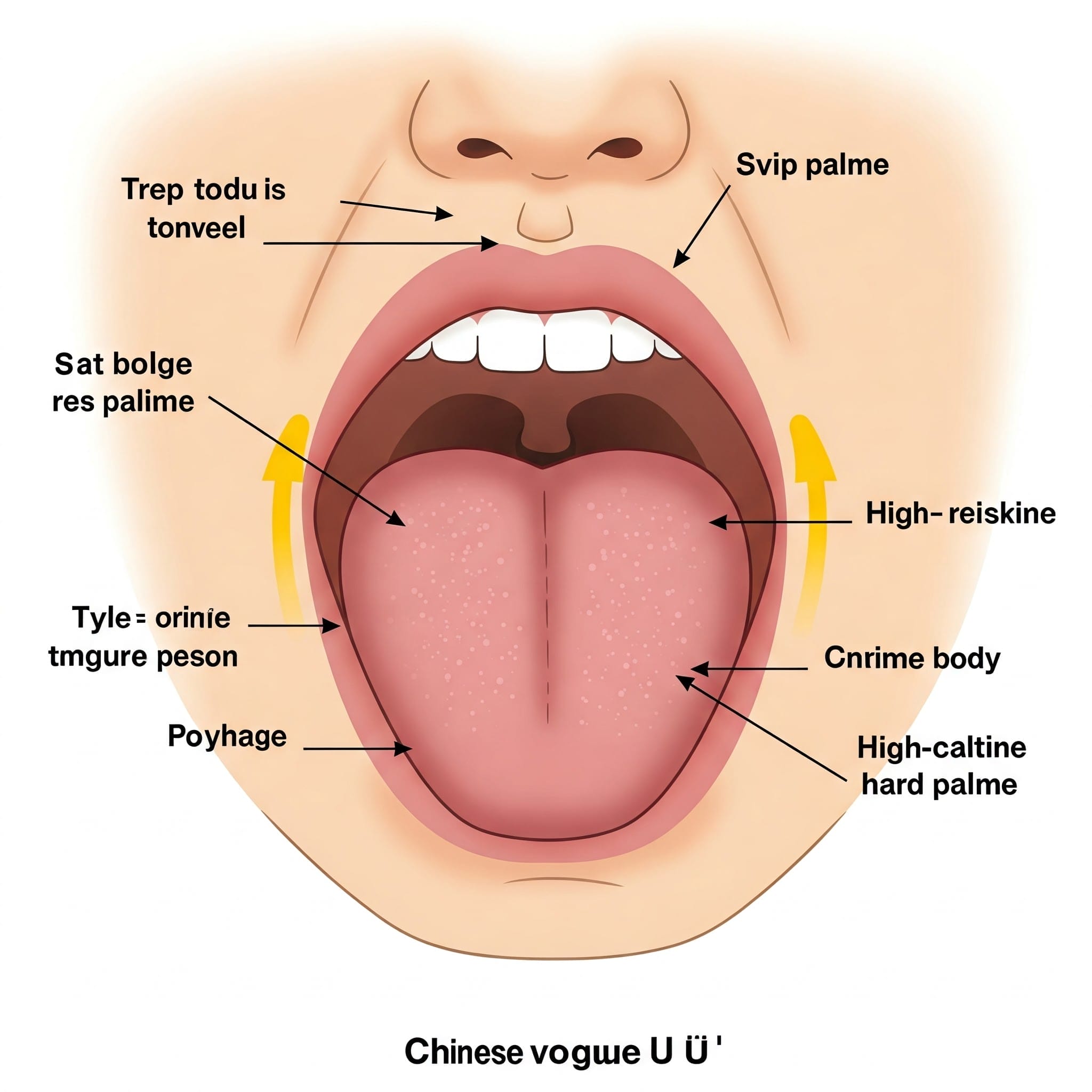 舌と口蓋の領域を指すラベルが付いた口の図。中国語で「U」と「Ü」の音を発音する位置を示しています。.