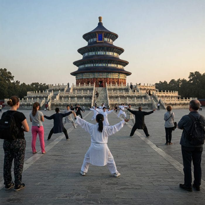 北京の天壇公園と太極拳をする人々