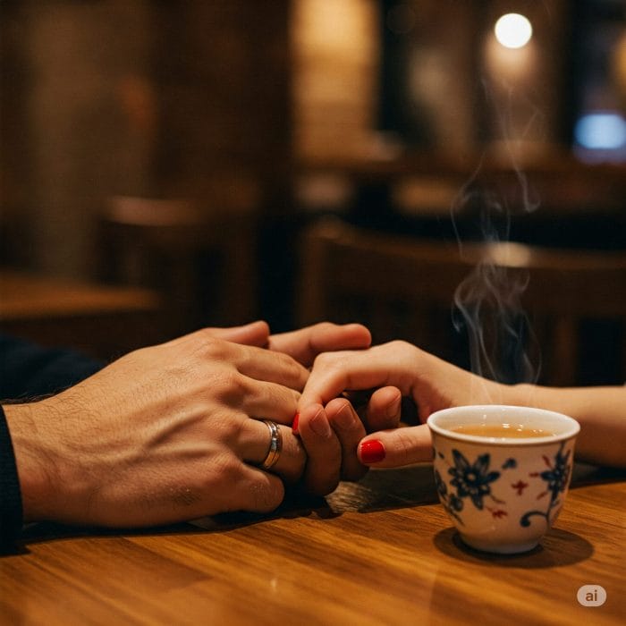 カフェで親密そうに話す二人、テーブルの上には中国茶