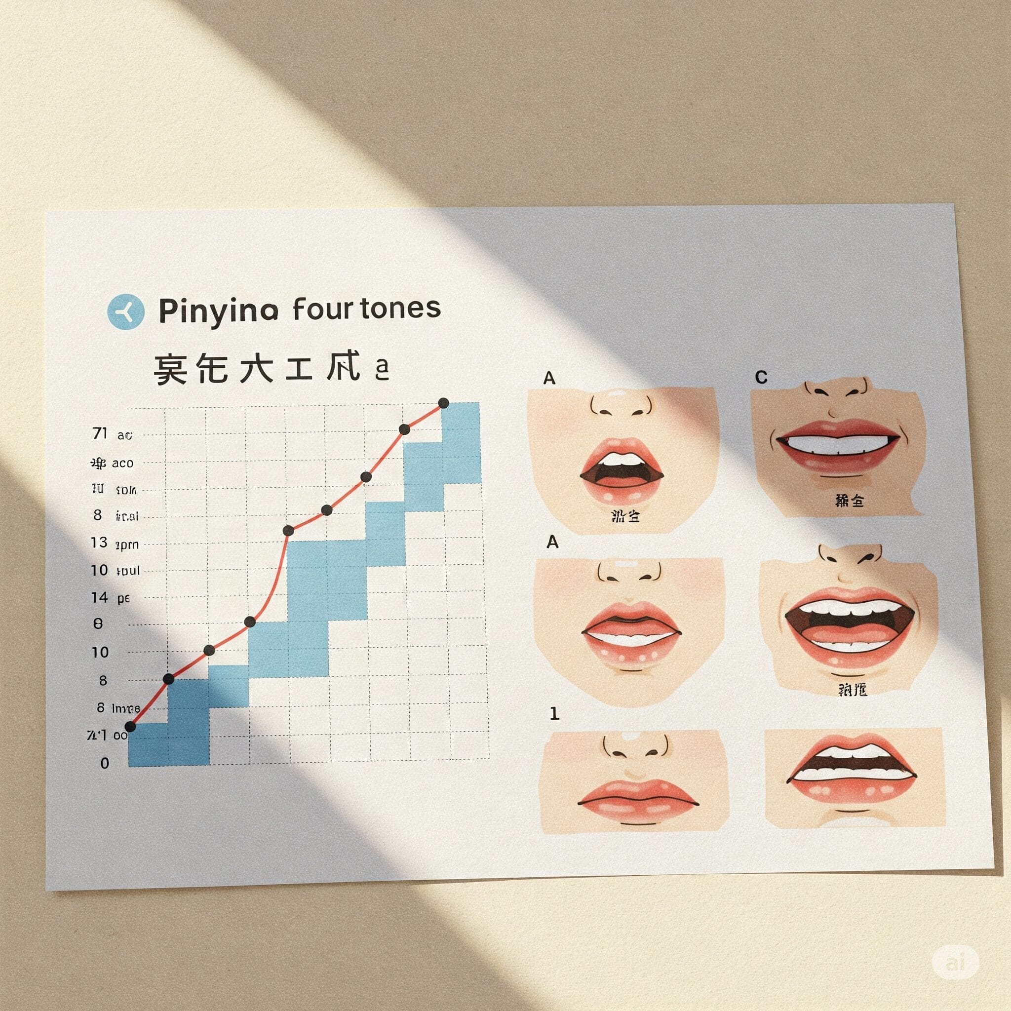 ピンインの四声（声調）グラフと口の形のイラスト