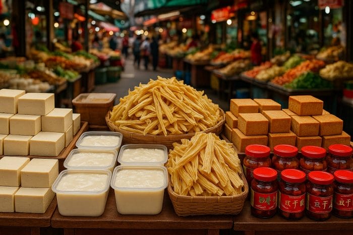 中国の市場に並ぶ様々な種類の豆腐製品